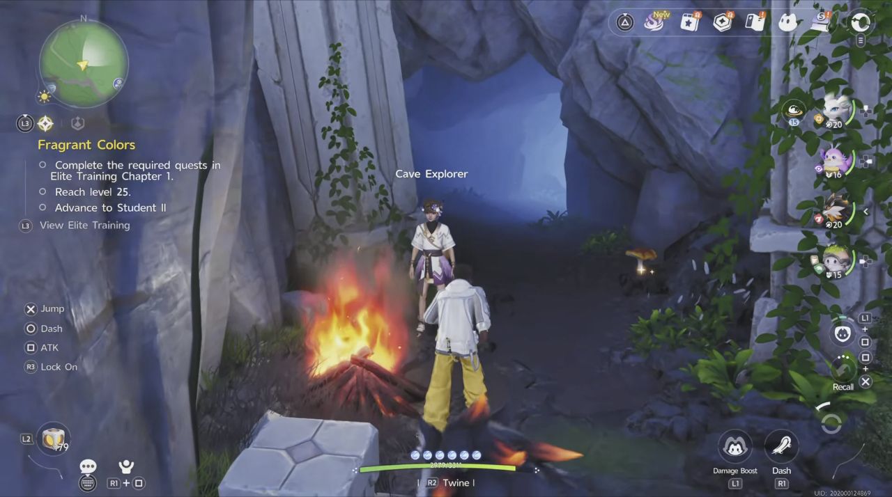 Personnage et feu de camp devant l’entrée de la grotte dans Aniimo