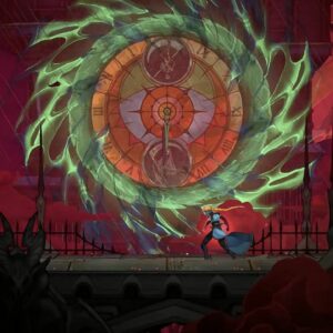 Rose devant le cadran entouré de flammes vertes sur le pont de la tour de l’Horloge dans Castlevania Belmont’s Curse