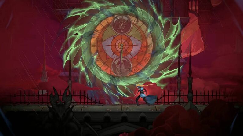 Rose devant le cadran entouré de flammes vertes sur le pont de la tour de l’Horloge dans Castlevania Belmont’s Curse