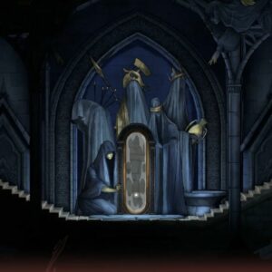 Rose devant un miroir de vie entouré de statues dans Castlevania Belmont’s Curse
