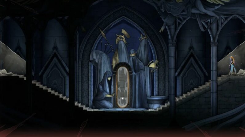 Rose devant un miroir de vie entouré de statues dans Castlevania Belmont’s Curse