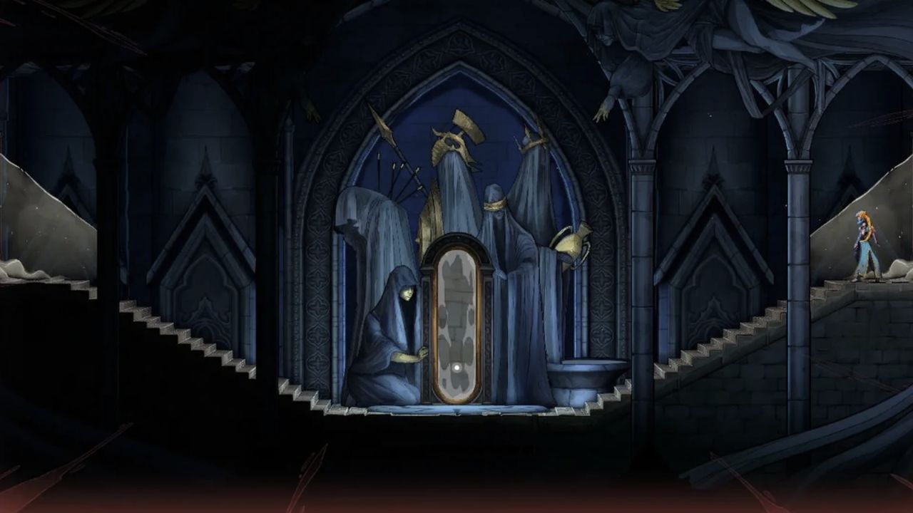 Rose devant un miroir de vie entouré de statues dans Castlevania Belmont’s Curse