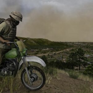 Un survivant sur une moto Bitrak dans les paysages de DayZ Badlands