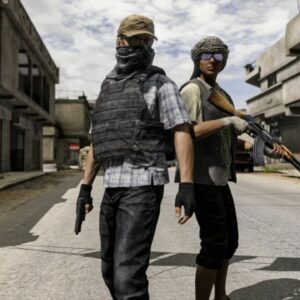 Deux survivants équipés de protections du visage et de lunettes dans DayZ Badlands