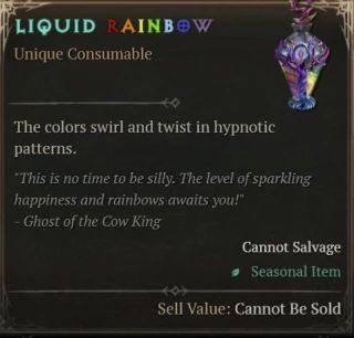 Infobulle de Liquid Rainbow, le consommable saisonnier qui ouvre Whimsyshire dans Diablo 4