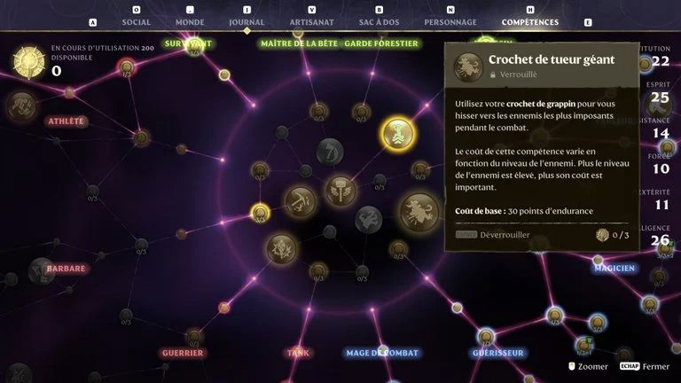 Arbre de compétences Enshrouded 1.0 montrant les branches et leurs liaisons