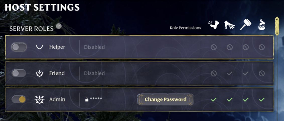 Paramètres d’hôte montrant les permissions des rôles Helper, Friend et Admin dans Enshrouded