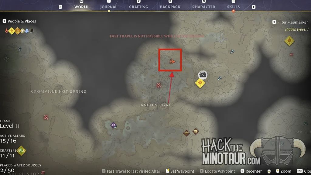 Carte montrant un emplacement de diamant au nord de la porte antique du Berceau des cendres
