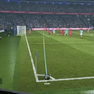 Préparation d’un corner dans FC 27 avec trajectoire affichée