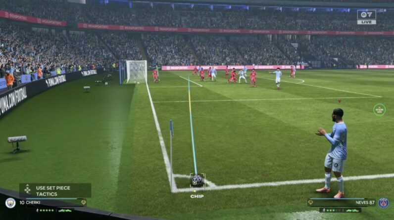 Préparation d’un corner dans FC 27 avec trajectoire affichée