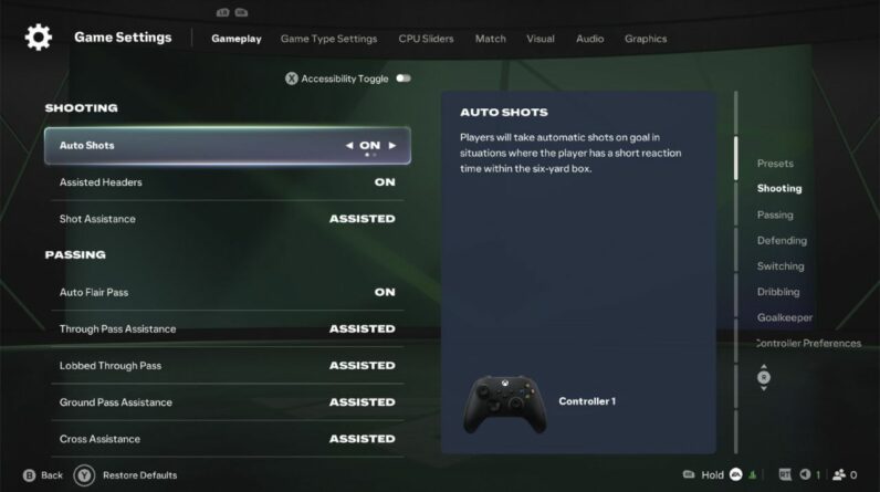 Menu des aides à la frappe dans FC 27