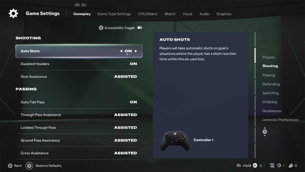 Menu des aides au tir de FC 27 avec les options Auto Shots et Shot Assistance
