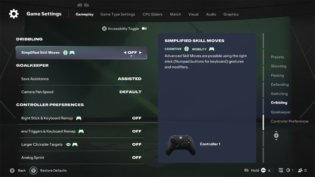 Option Simplified Skill Moves dans les réglages de dribble de FC 27