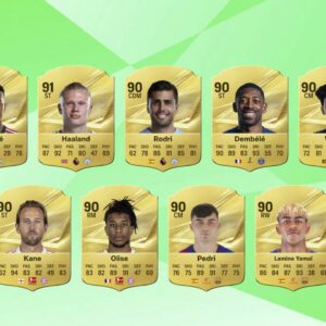 Illustration des notes FC 27 présentant Mbappé et Haaland à 91, ainsi que Rodri, Dembélé, Vitinha, Kane, Olise, Pedri et Yamal à 90.