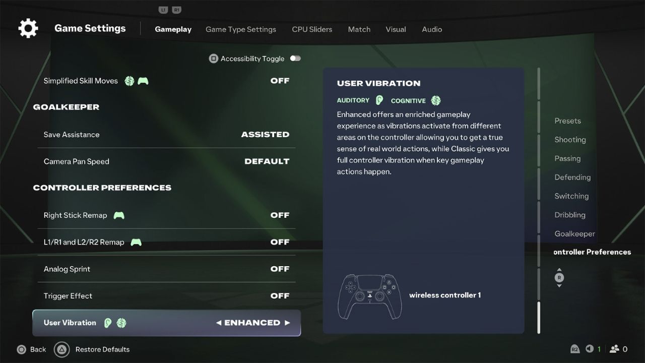 Préférences de manette de FC 27 avec sprint analogique, effet de gâchette et vibrations