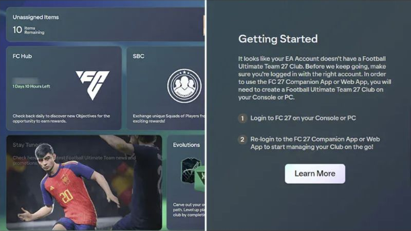 Web App FC 27 demandant de créer un club Ultimate Team sur console ou PC