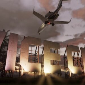 L’enseigne de Vice City survolée par un avion dans une capture officielle de GTA 6