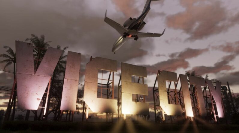 L’enseigne de Vice City survolée par un avion dans une capture officielle de GTA 6