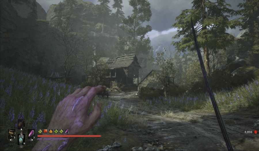 Vue du groupe de maisons à explorer au début du chapitre 5 dans Valor Mortis