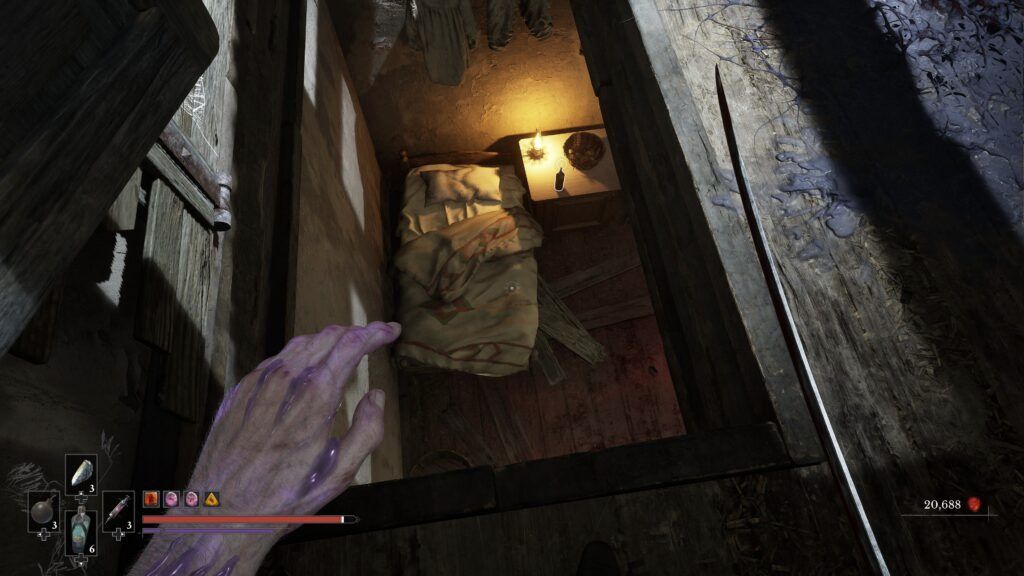 Ouverture du plancher donnant sur un lit et la table de chevet où se trouve le laudanum