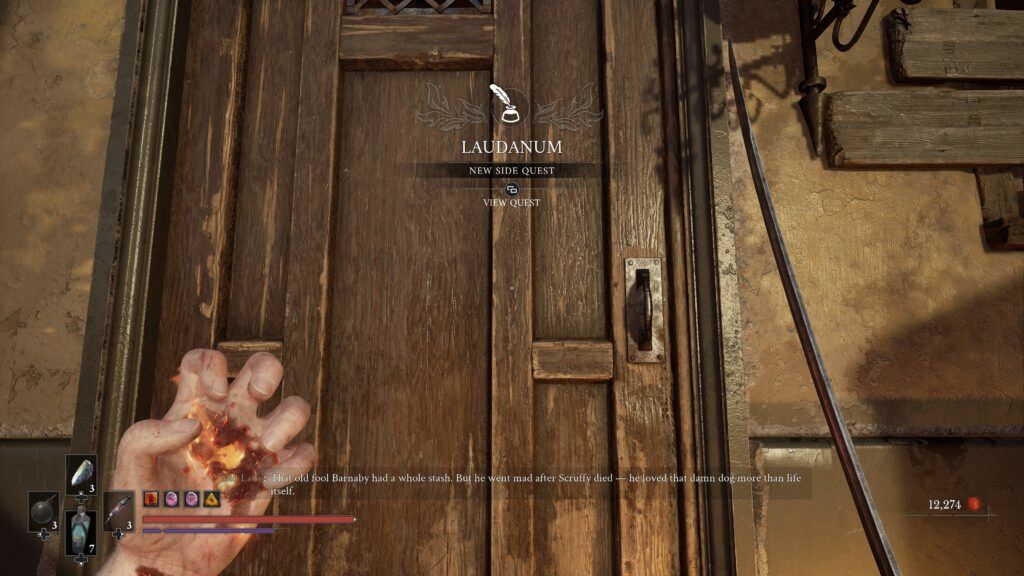 Porte brune avec la notification de début de la quête Laudanum dans Valor Mortis