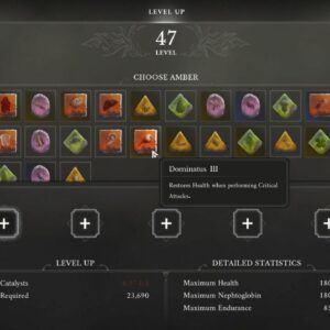 Menu des ambres de Valor Mortis avec Dominatus III et les emplacements d’équipement
