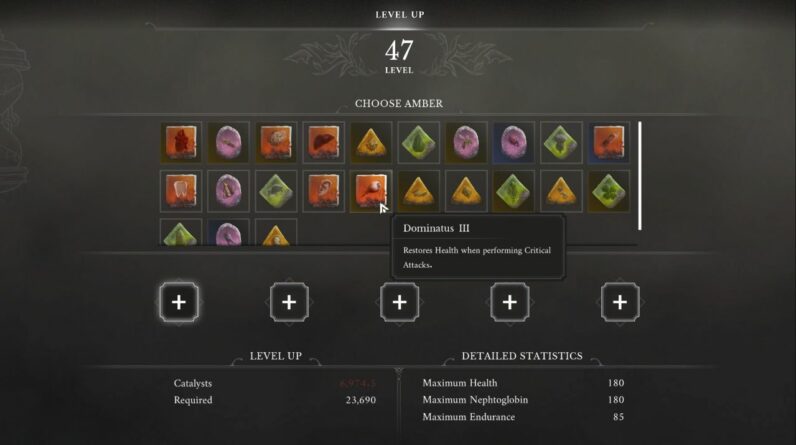 Menu des ambres de Valor Mortis avec Dominatus III et les emplacements d’équipement