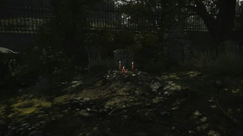 Tombe éclairée par des bougies où chercher le ruban rouge près de Village Church dans Valor Mortis