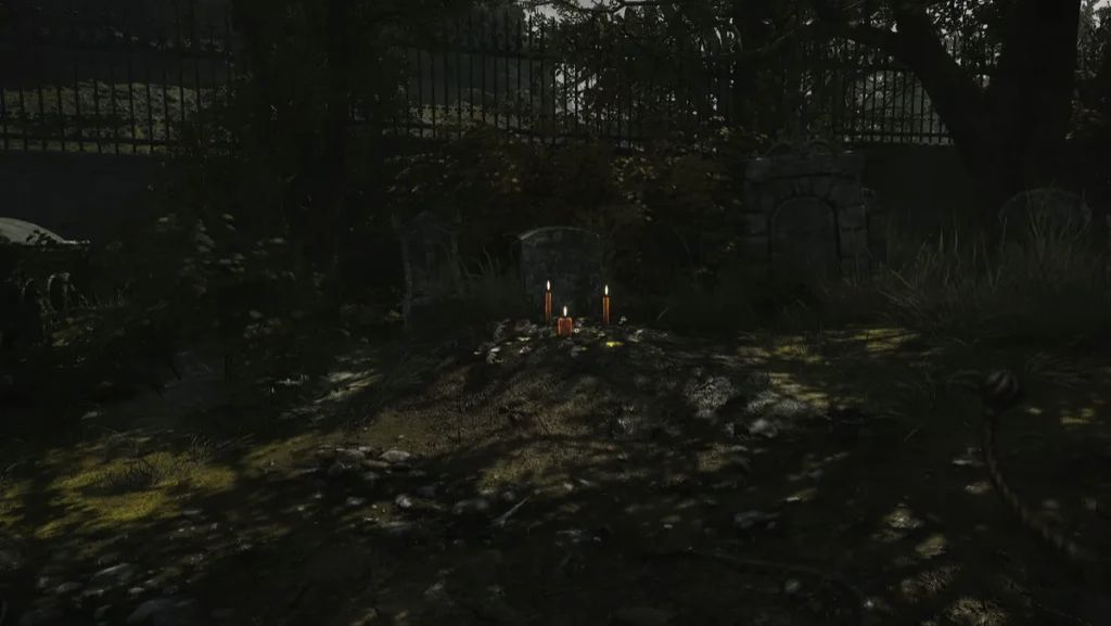 Tombe éclairée par des bougies où chercher le ruban rouge près de Village Church dans Valor Mortis