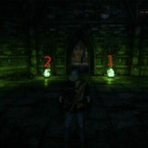 Les quatre statues et braseros devant la porte de la lampe magique dans The Witcher 3