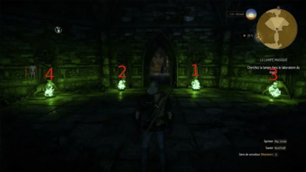 Les quatre statues et braseros devant la porte de la lampe magique dans The Witcher 3