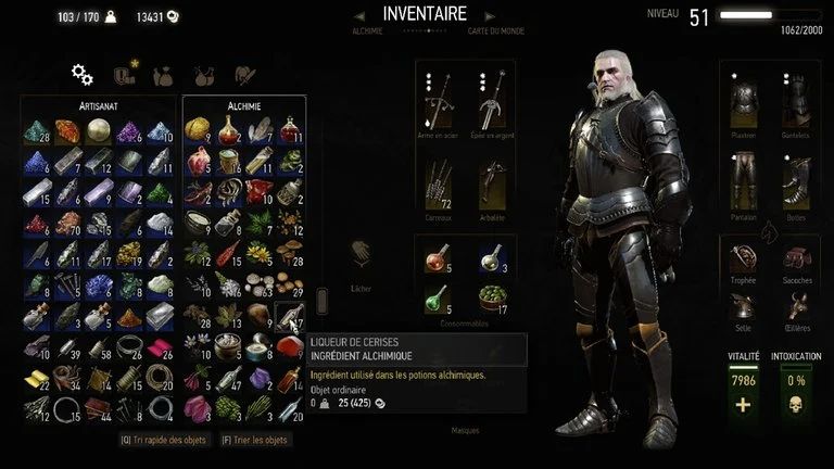 Liqueur de cerises sélectionnée dans la rubrique Alchimie de The Witcher 3