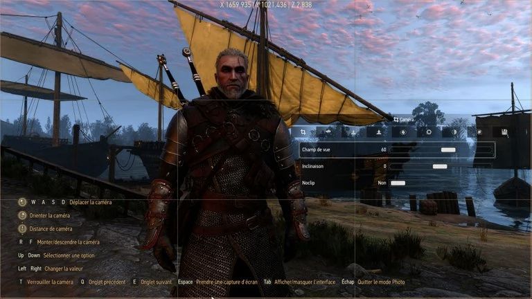 Interface française du mode Photo The Witcher 3 avec commandes et réglages de caméra
