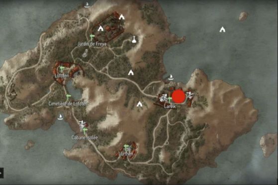 Carte de Hindarsfjall montrant Larvik et le jardin de Freya dans The Witcher 3