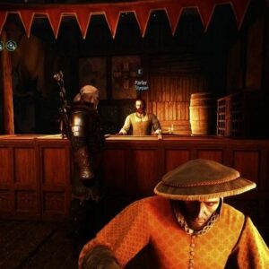 Stjepan derrière le comptoir de l’auberge de l’Alchimie à Oxenfurt dans The Witcher 3