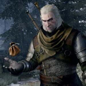 Geralt tenant une bourse dans The Witcher 3