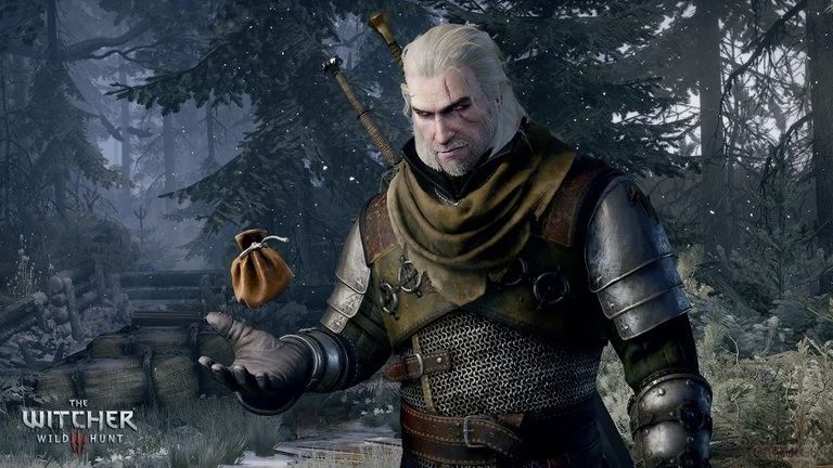 Geralt tenant une bourse dans The Witcher 3